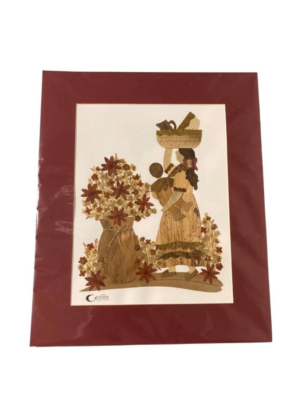 Large Handmade Pressed Dried Real Flower Collage With Matting Woman With Baby